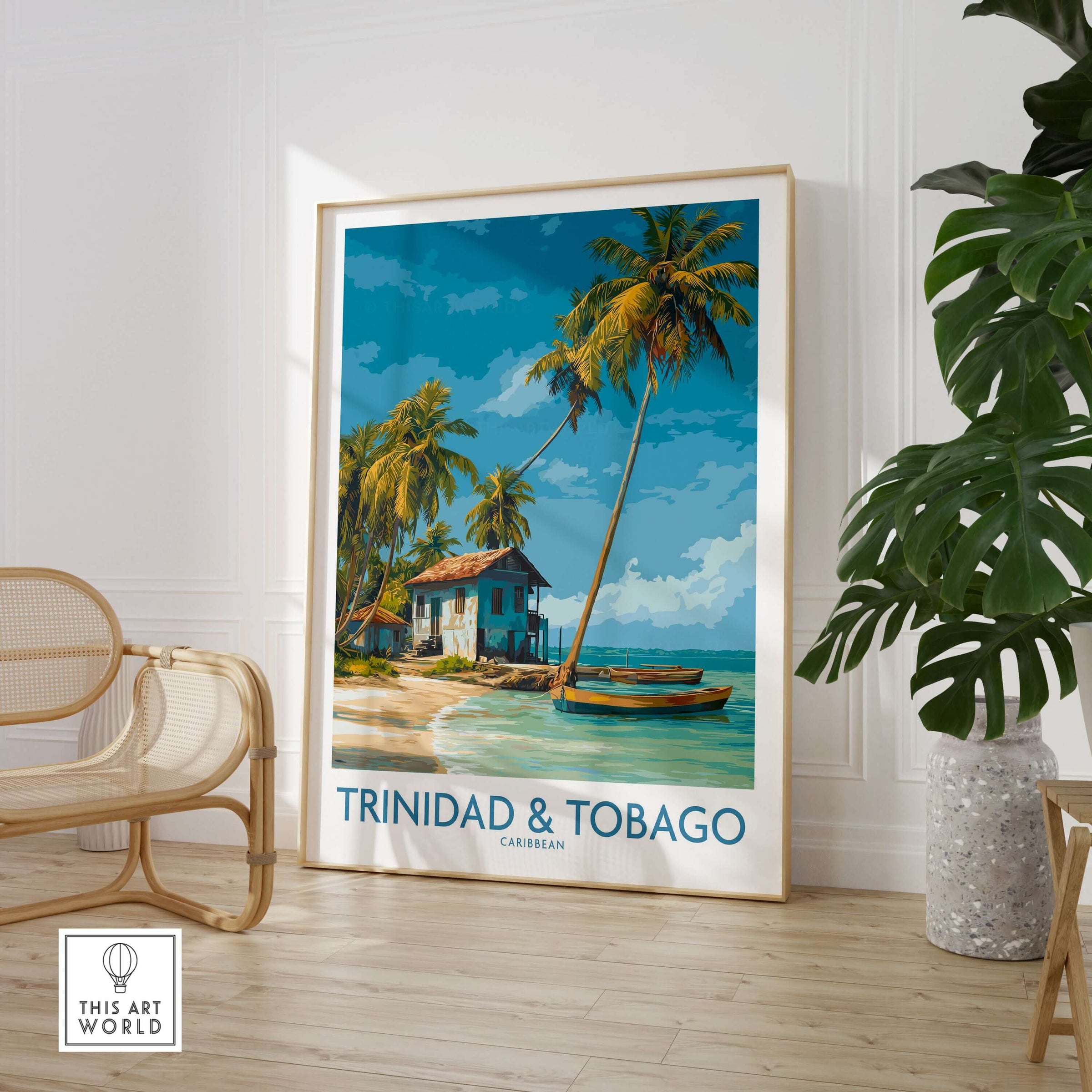 Trinidad & Tobago Caribbean Art Print | Tropical Palm Tree Poster featuring a tropical landscape with palms and a beach.