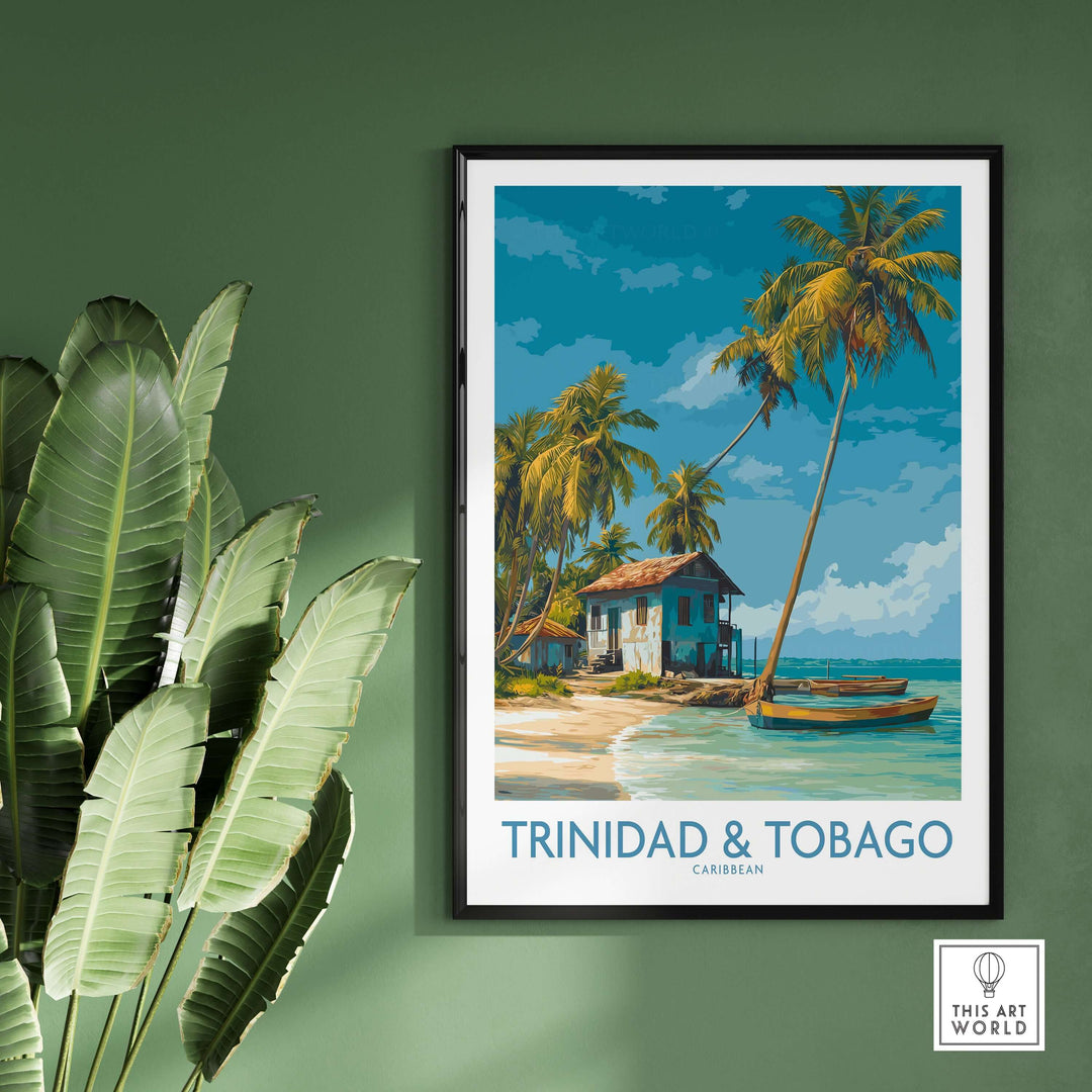 Trinidad & Tobago Caribbean Art Print | Tropical Palm Tree Poster showcasing a tropical scene with palms and a house.