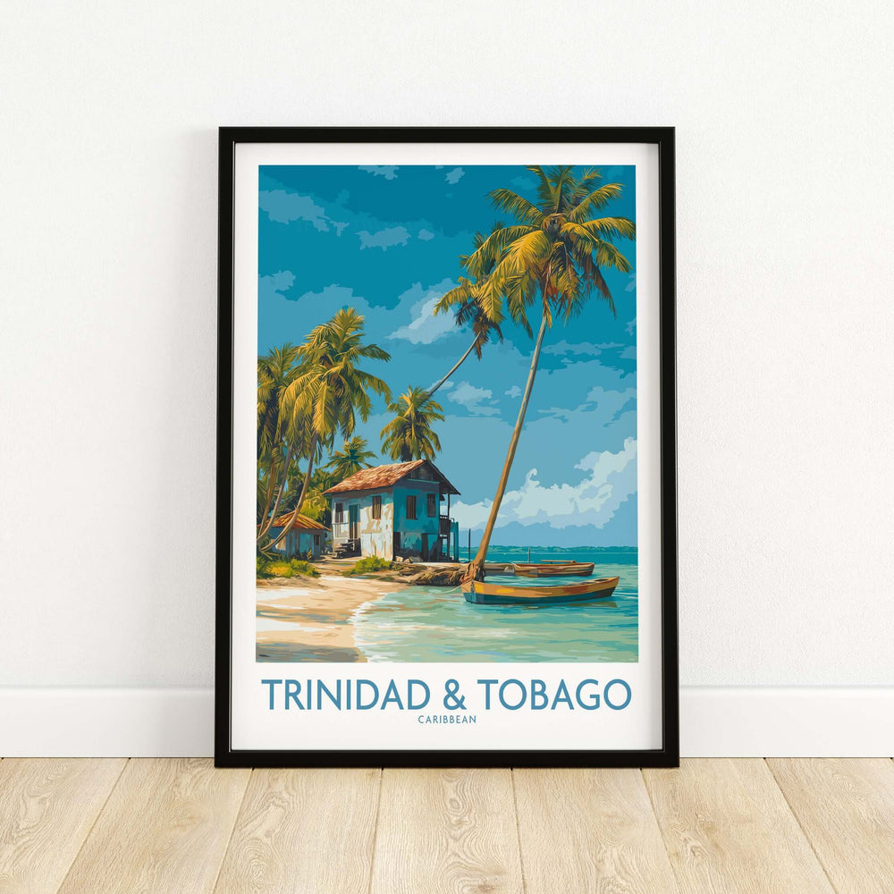 Trinidad & Tobago Caribbean Art Print | Tropical Palm Tree Poster with palm trees and beach scene.