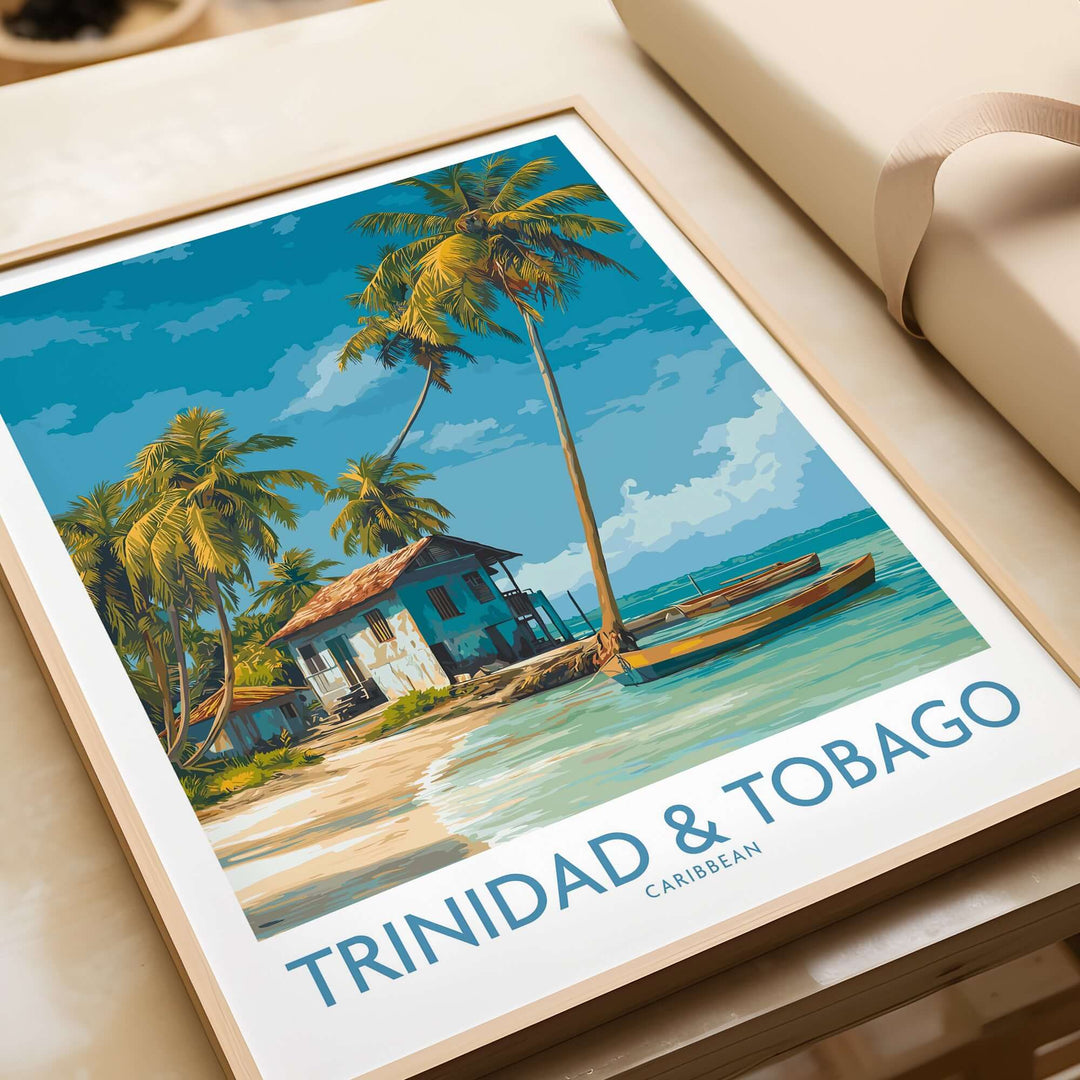 Trinidad & Tobago Caribbean Art Print | Tropical Palm Tree Poster showcasing vibrant palms and a tropical beach scene.