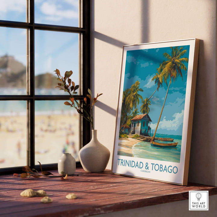 Trinidad & Tobago Caribbean Art Print | Tropical Palm Tree Poster displayed on a wooden table near a window.
