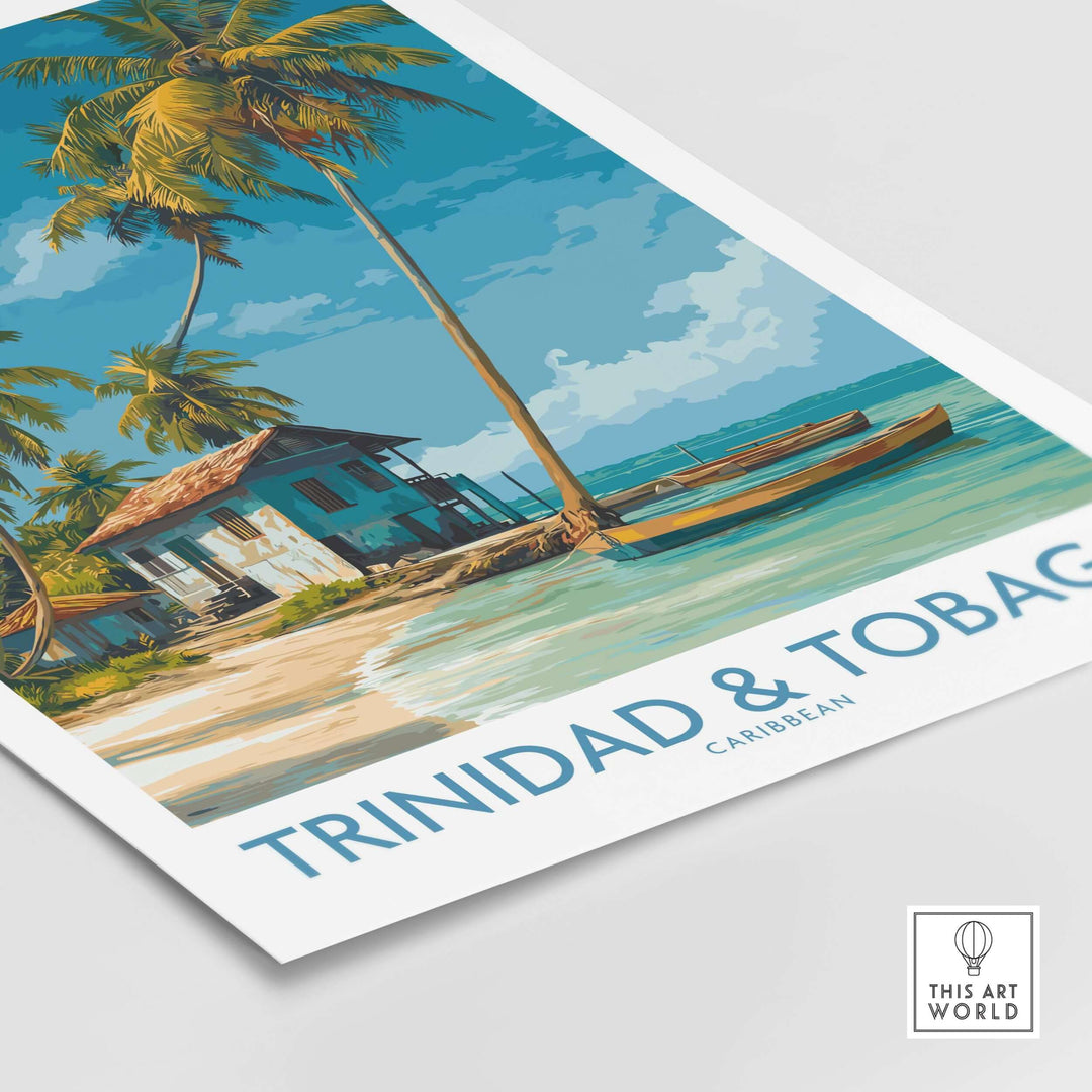 Trinidad & Tobago Caribbean Art Print | Tropical Palm Tree Poster showcasing palm trees and a beach scene.