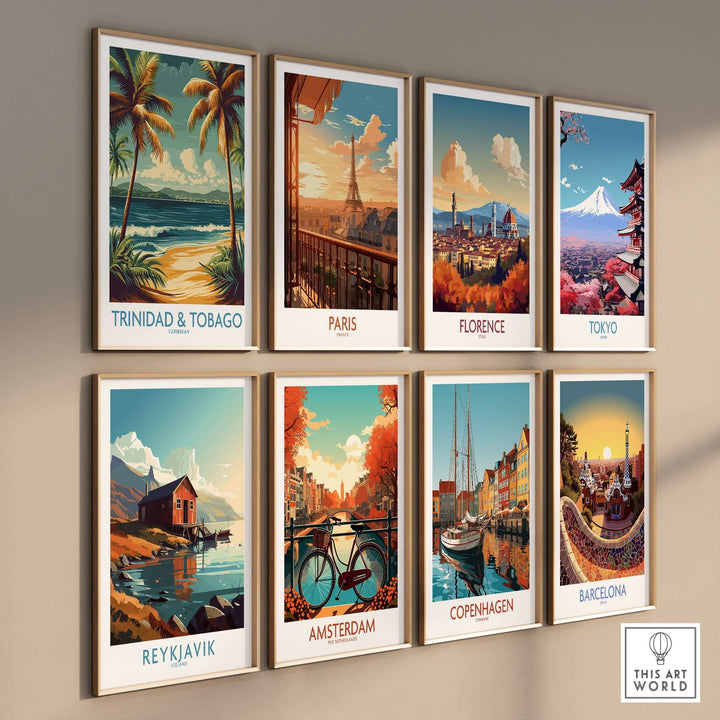 Trinidad & Tobago Caribbean Palm Beach Art Print | Tropical Shoreline Poster displayed among other city art prints.