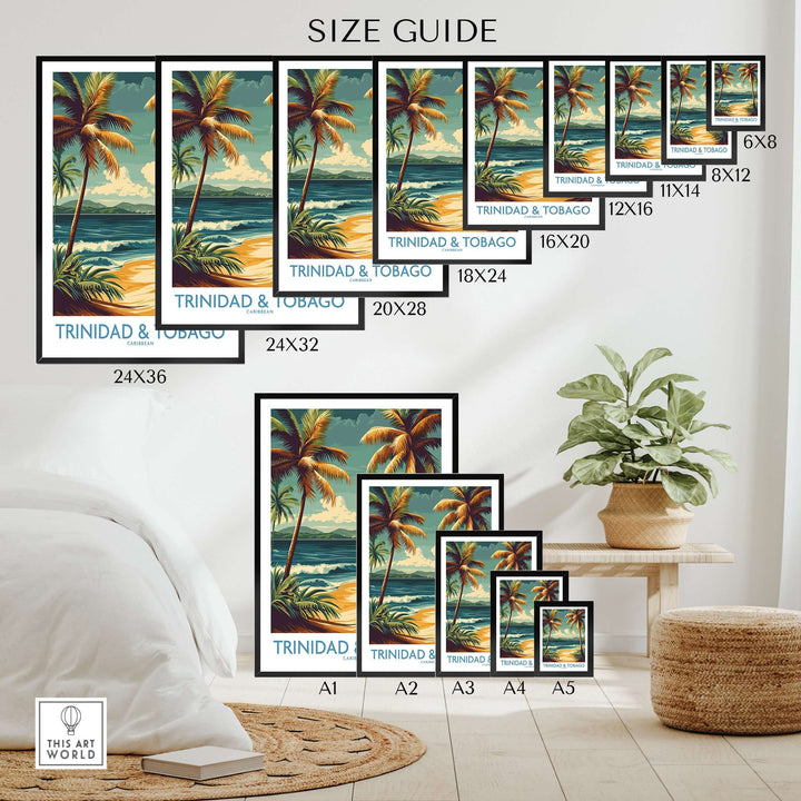 Trinidad & Tobago Caribbean Palm Beach Art Print | Tropical Shoreline Poster size guide showcasing various frame sizes.