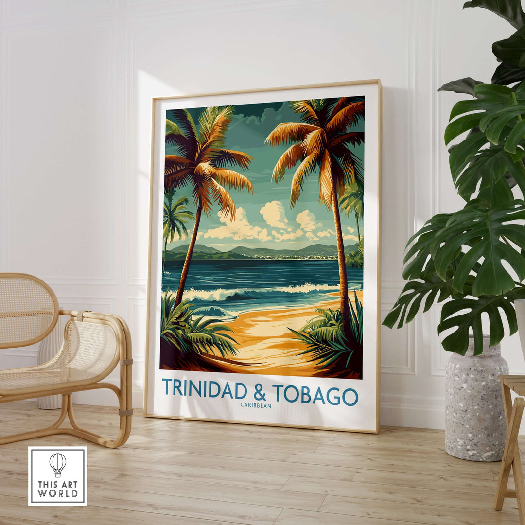 Trinidad & Tobago Caribbean Palm Beach Art Print | Tropical Shoreline Poster featuring palm trees and ocean view.
