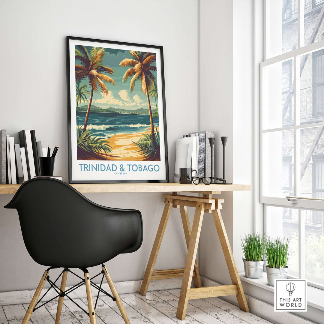 Trinidad & Tobago Caribbean Palm Beach Art Print | Tropical Shoreline Poster displayed in a stylish home office setting.