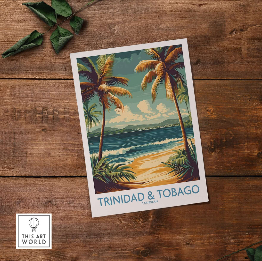 Trinidad & Tobago Caribbean Palm Beach Art Print | Tropical Shoreline Poster showcasing palm trees and ocean waves.