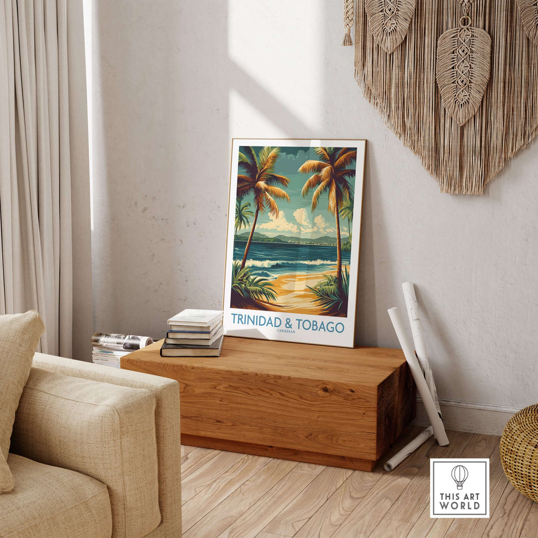 Trinidad & Tobago Caribbean Palm Beach Art Print | Tropical Shoreline Poster displayed in a cozy living room setting.