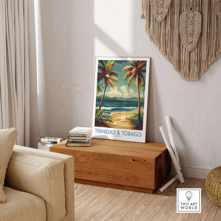 Trinidad & Tobago Caribbean Palm Beach Art Print | Tropical Shoreline Poster displayed in a cozy living room setting.
