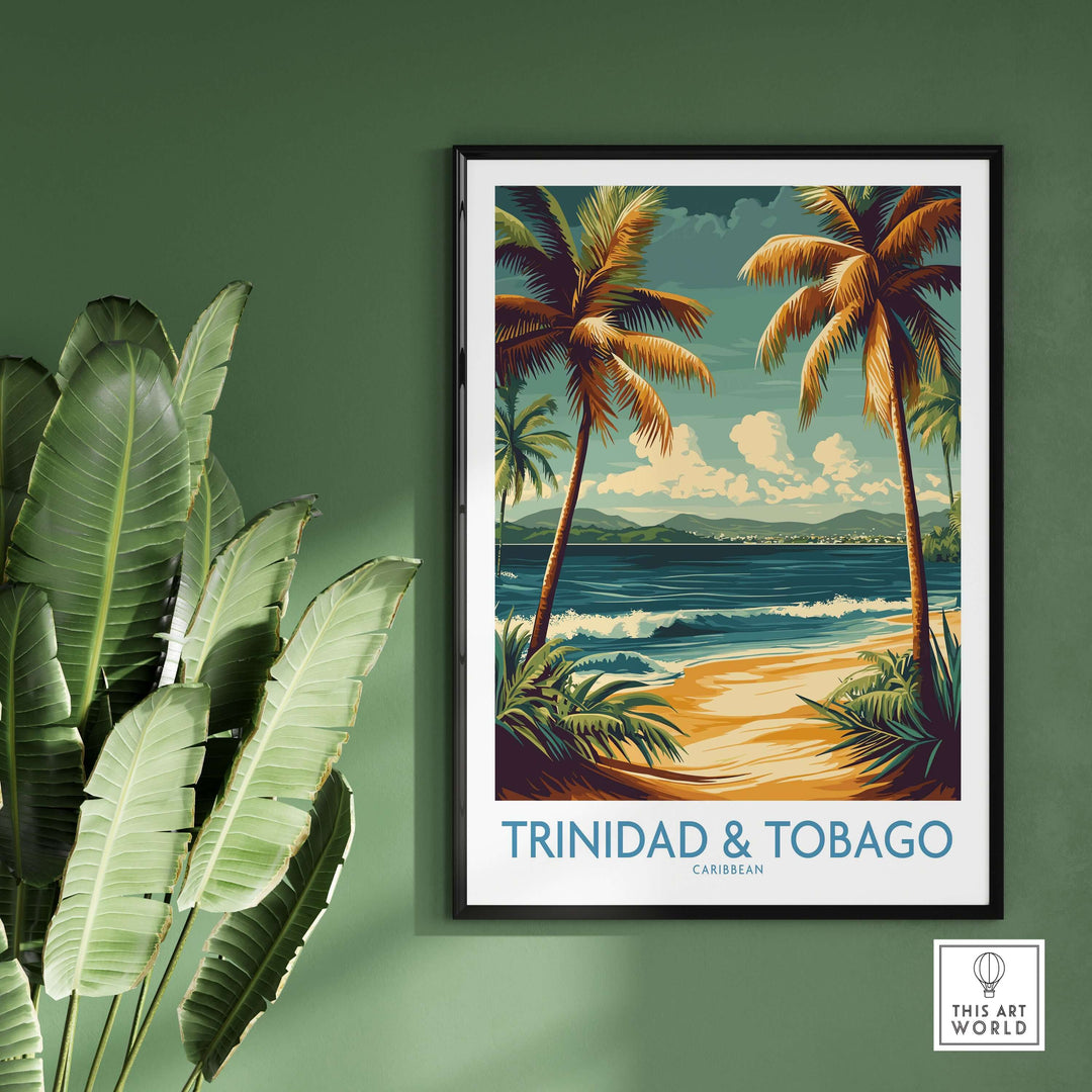 Trinidad & Tobago Caribbean Palm Beach Art Print | Tropical Shoreline Poster with palm trees and ocean waves.