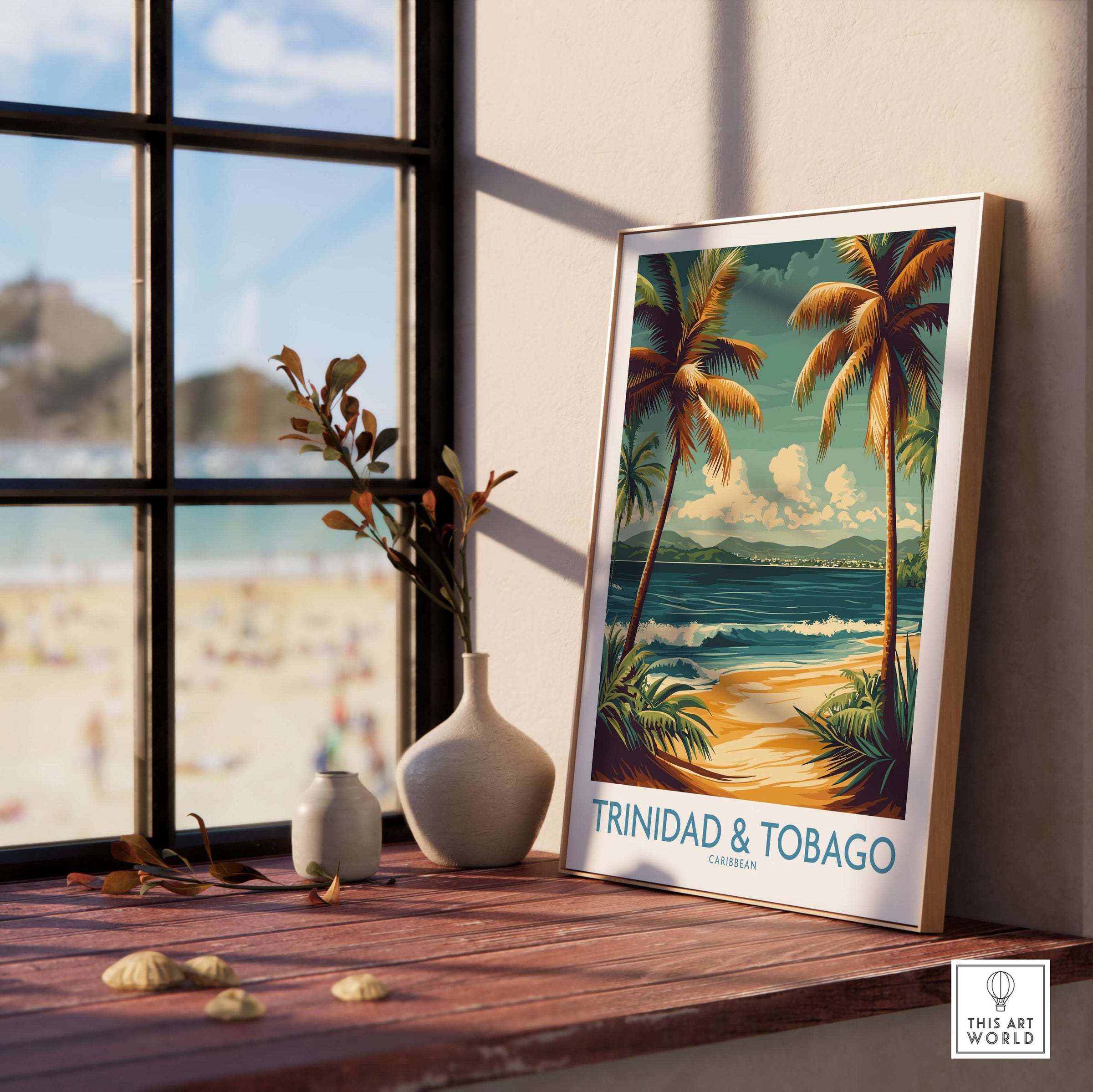 Trinidad & Tobago Caribbean Palm Beach Art Print | Tropical Shoreline Poster displayed in a bright interior with plants.