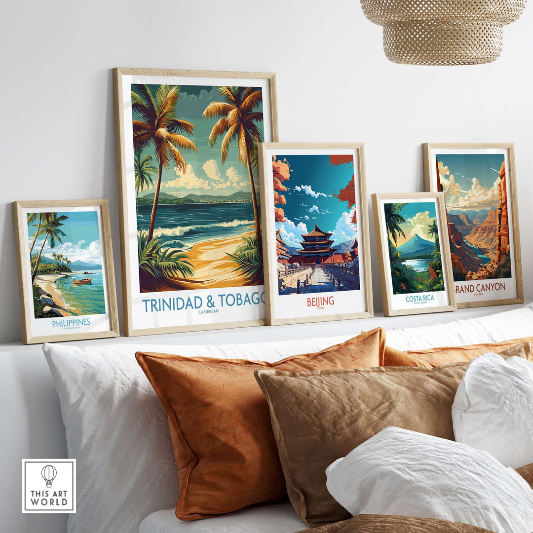 Trinidad & Tobago Caribbean Palm Beach Art Print | Tropical Shoreline Poster displayed among framed travel posters in a cozy setting.