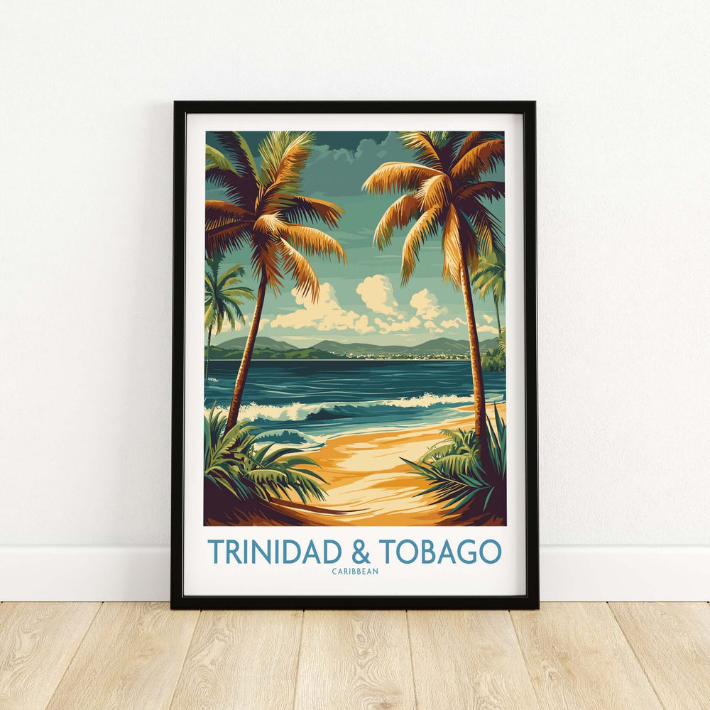 Trinidad & Tobago Caribbean Palm Beach Art Print | Tropical Shoreline Poster featuring palm trees and ocean view.