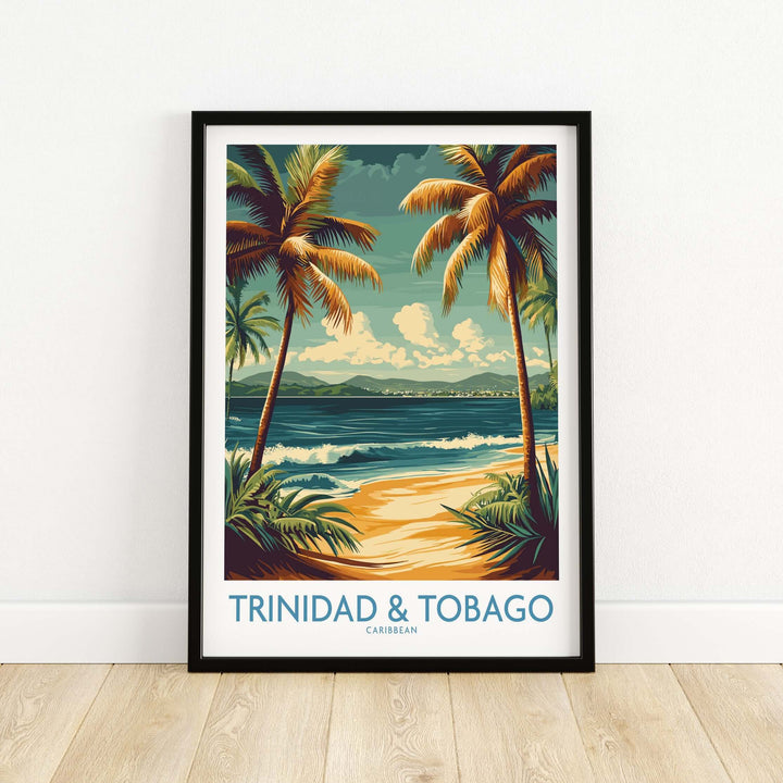 Trinidad & Tobago Caribbean Palm Beach Art Print | Tropical Shoreline Poster featuring palm trees and ocean view.