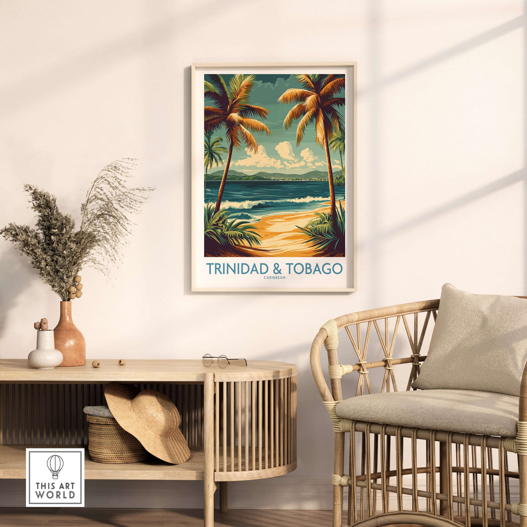Trinidad & Tobago Caribbean Palm Beach Art Print | Tropical Shoreline Poster displayed in a stylish living room setting.