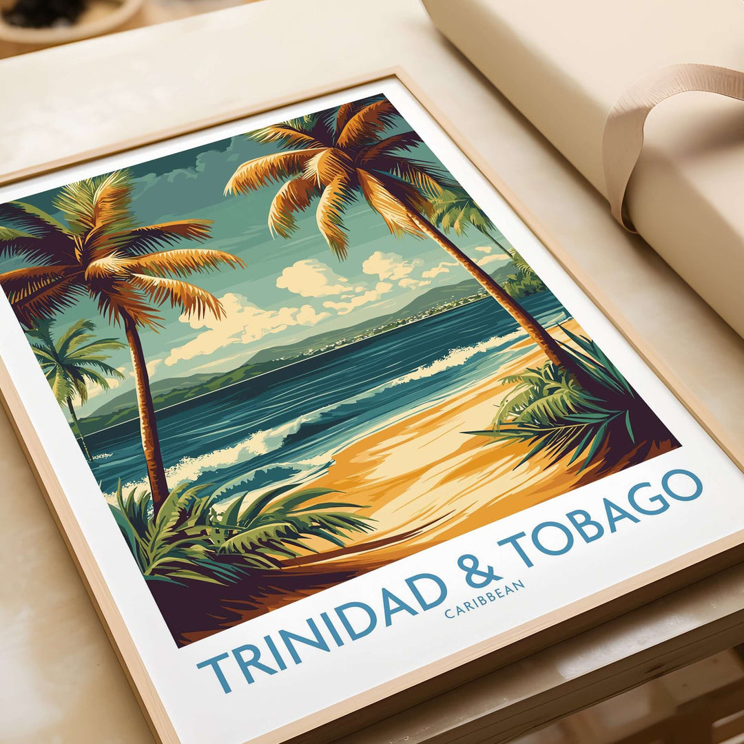 Trinidad & Tobago Caribbean Palm Beach Art Print | Tropical Shoreline Poster framed art print showcasing a tropical beach scene.