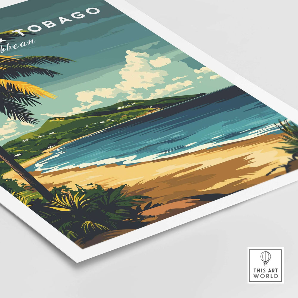 Trinidad & Tobago Poster| Caribbean Wall Art featuring vibrant beach landscape and palm trees.
