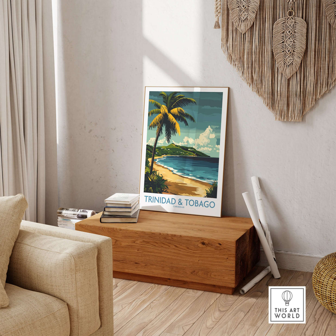 Trinidad & Tobago Caribbean Print | Tropical Poster displayed in a stylish living room with a tropical scene.