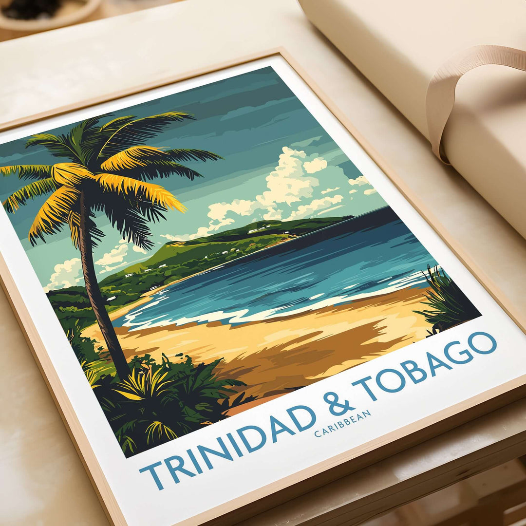 Trinidad & Tobago Caribbean Print | Tropical Poster showcasing tropical beach scenery with palm trees and clear blue waters.