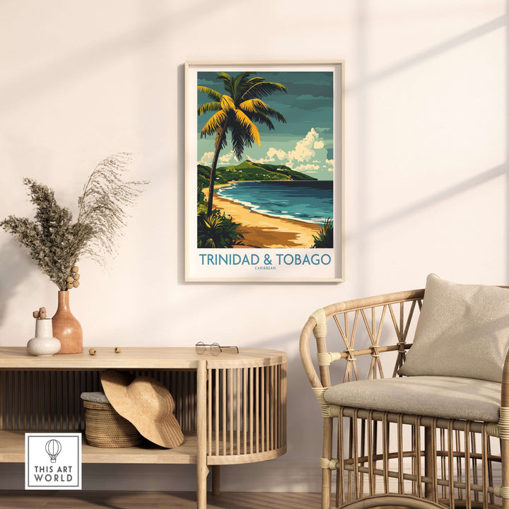 Trinidad & Tobago Caribbean Print | Tropical Poster featuring a tropical beach scene with palm trees and vibrant colors.