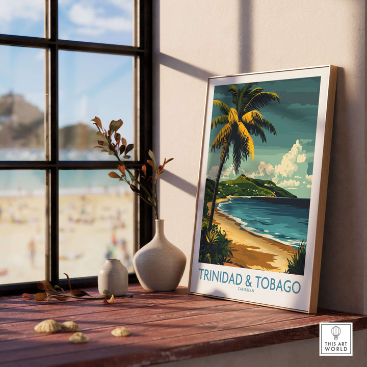 Trinidad & Tobago Caribbean Print | Tropical Poster showcasing lush beach and palm trees in a sunny coastal setting.