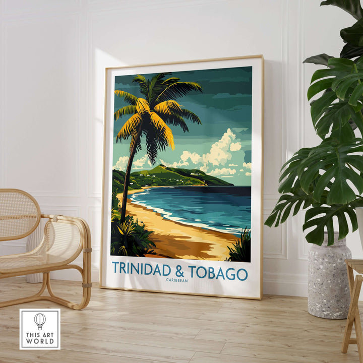 Trinidad & Tobago Caribbean Print | Tropical Poster showcasing lush beaches and palm trees in vibrant colors.