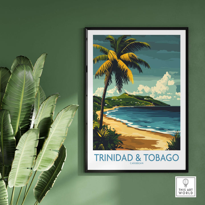 Trinidad & Tobago Caribbean Print | Tropical Poster featuring a palm tree and beach scenery.