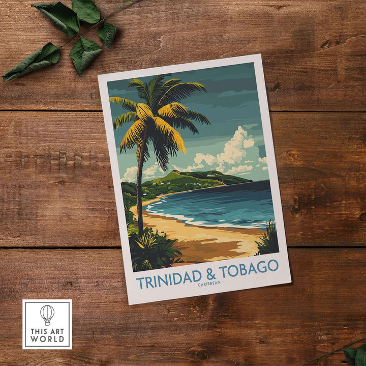 Trinidad & Tobago Caribbean Print | Tropical Poster featuring a serene beach and palm trees.