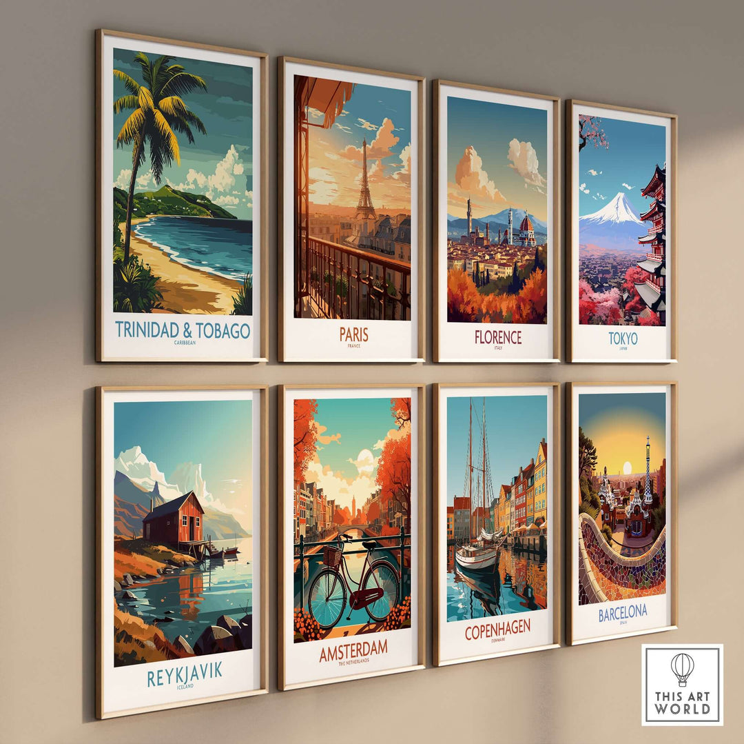 Trinidad & Tobago Caribbean Print | Tropical Poster collection displayed on a wall featuring vibrant travel destinations.