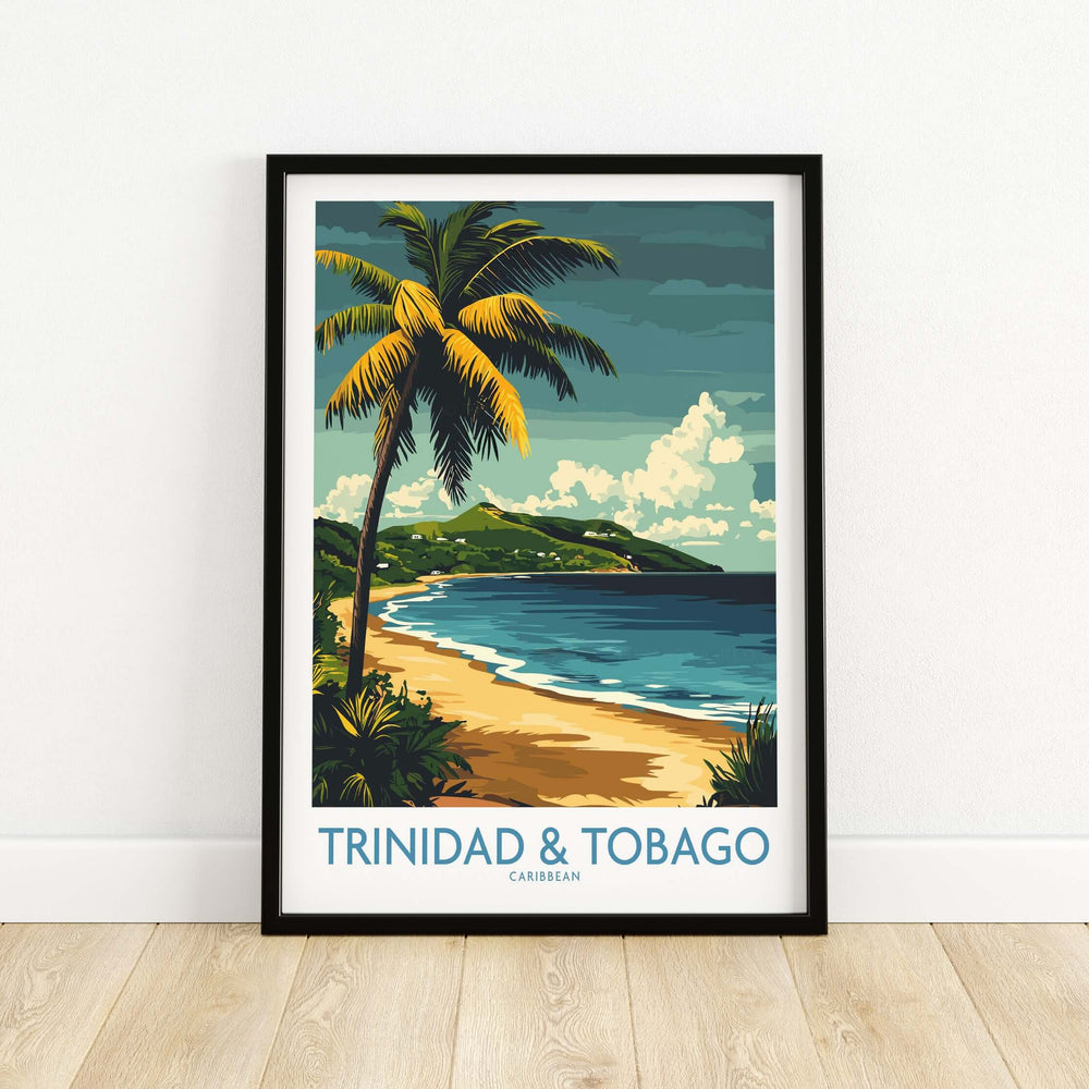 Trinidad & Tobago Caribbean Print | Tropical Poster showcasing a serene beach scene with palm trees and vibrant colors.
