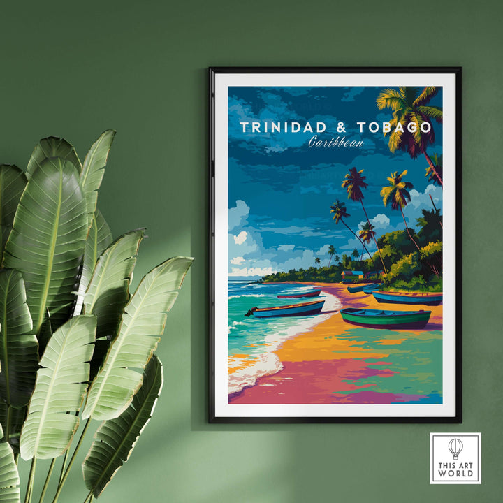 Trinidad and Tobago Print | Island Travel Wall Art featuring colorful beach and palm trees in Caribbean setting.