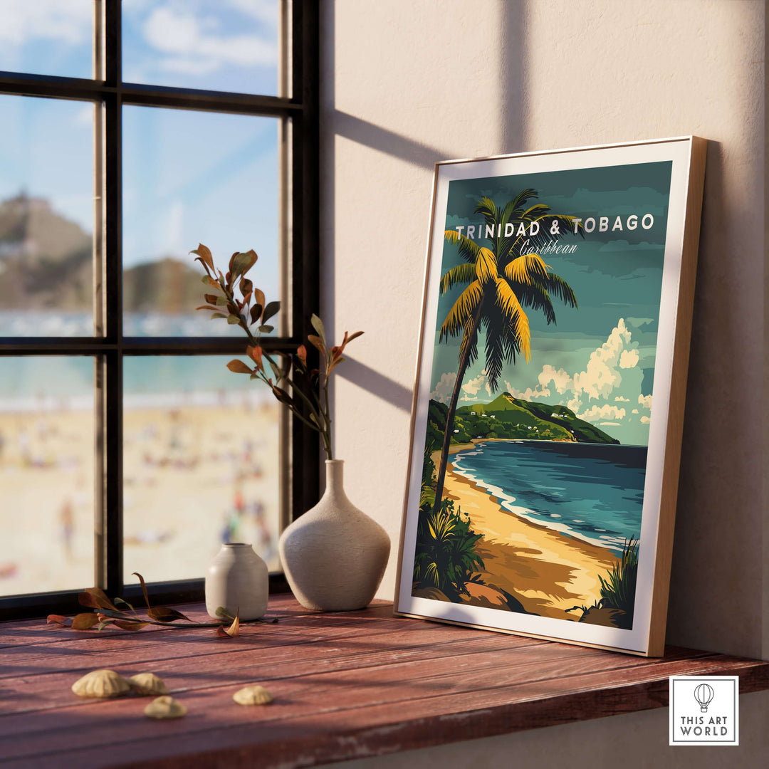 Trinidad & Tobago Poster| Caribbean Wall Art displayed on a table by a window, showcasing tropical landscapes.