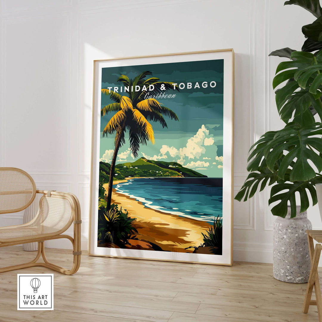 Trinidad & Tobago Poster| Caribbean Wall Art featuring a vibrant beach scene with palm trees and tropical landscape.