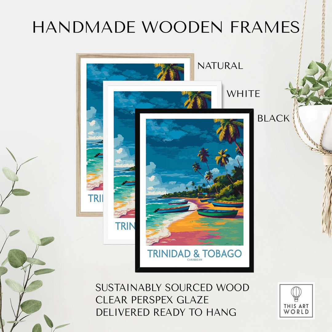 Trinidad & Tobago Print | Tropical Caribbean Poster framed in natural, white, and black handmade wooden frames.