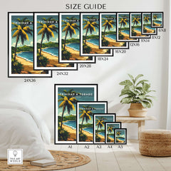 Trinidad & Tobago Poster| Caribbean Wall Art size guide with multiple frame options and tropical design