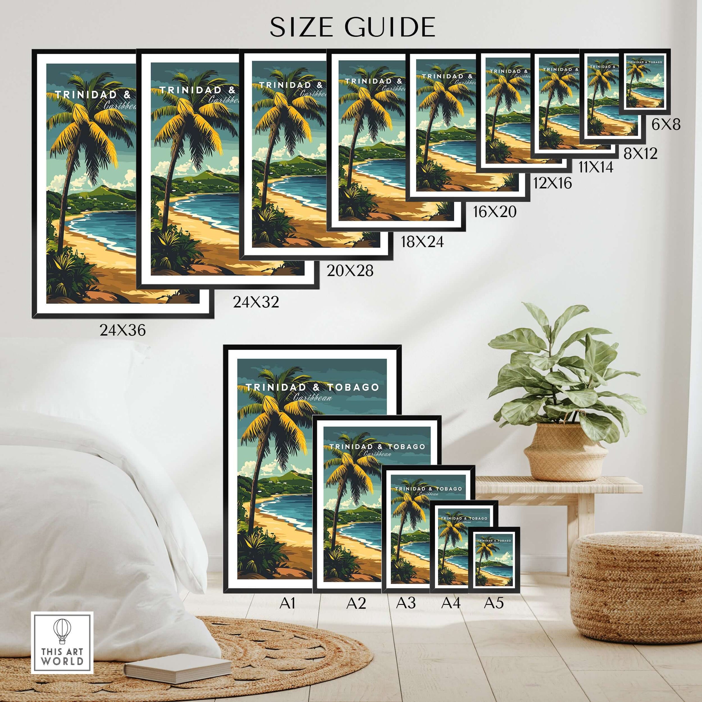 Trinidad & Tobago Poster| Caribbean Wall Art size guide with multiple frame options and tropical design