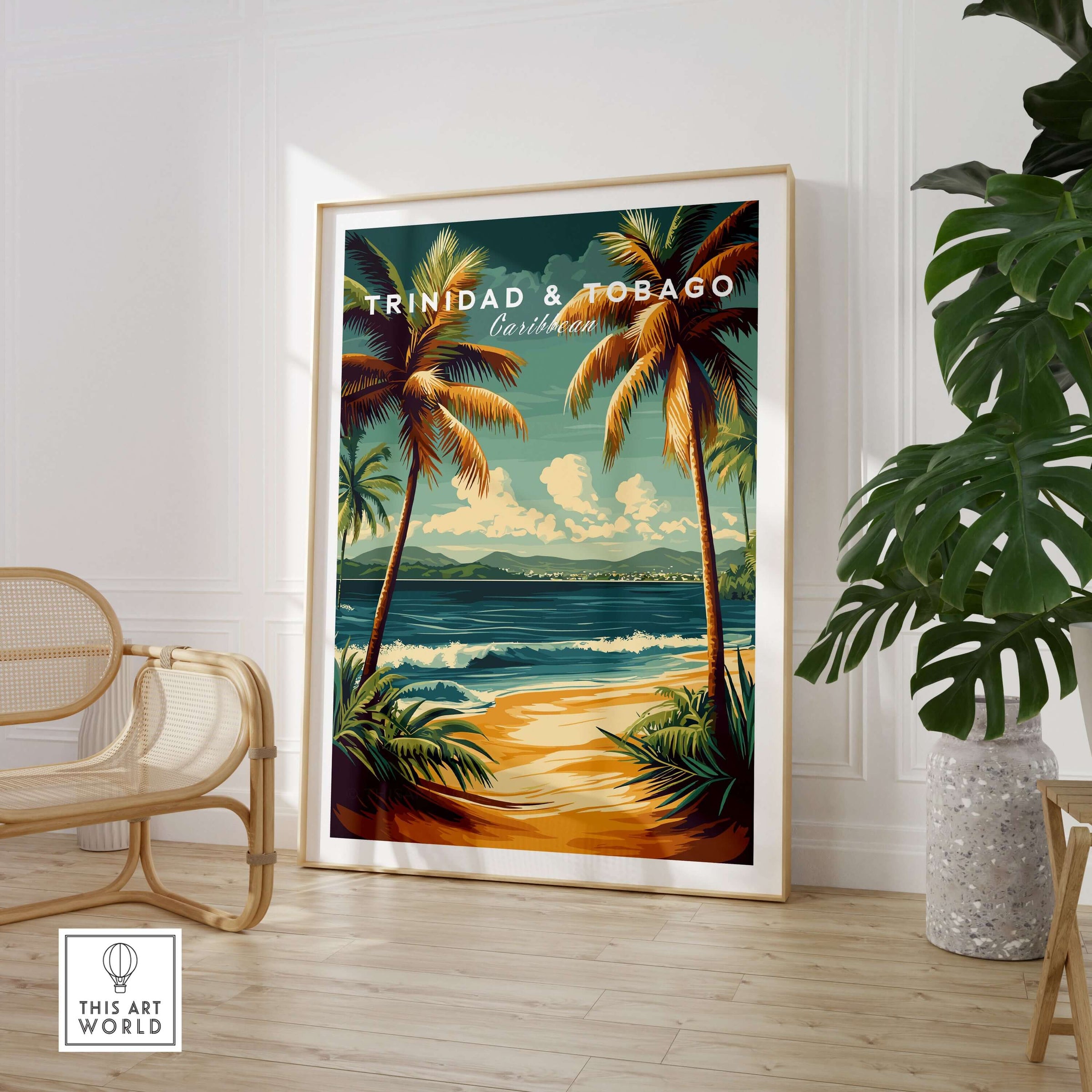 Trinidad & Tobago Print | Caribbean Home Decor showcasing tropical scenery with palm trees and beach decor.