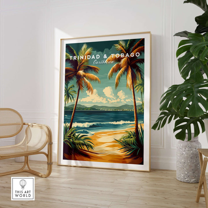 Trinidad & Tobago Print | Caribbean Home Decor showcasing tropical scenery with palm trees and beach.