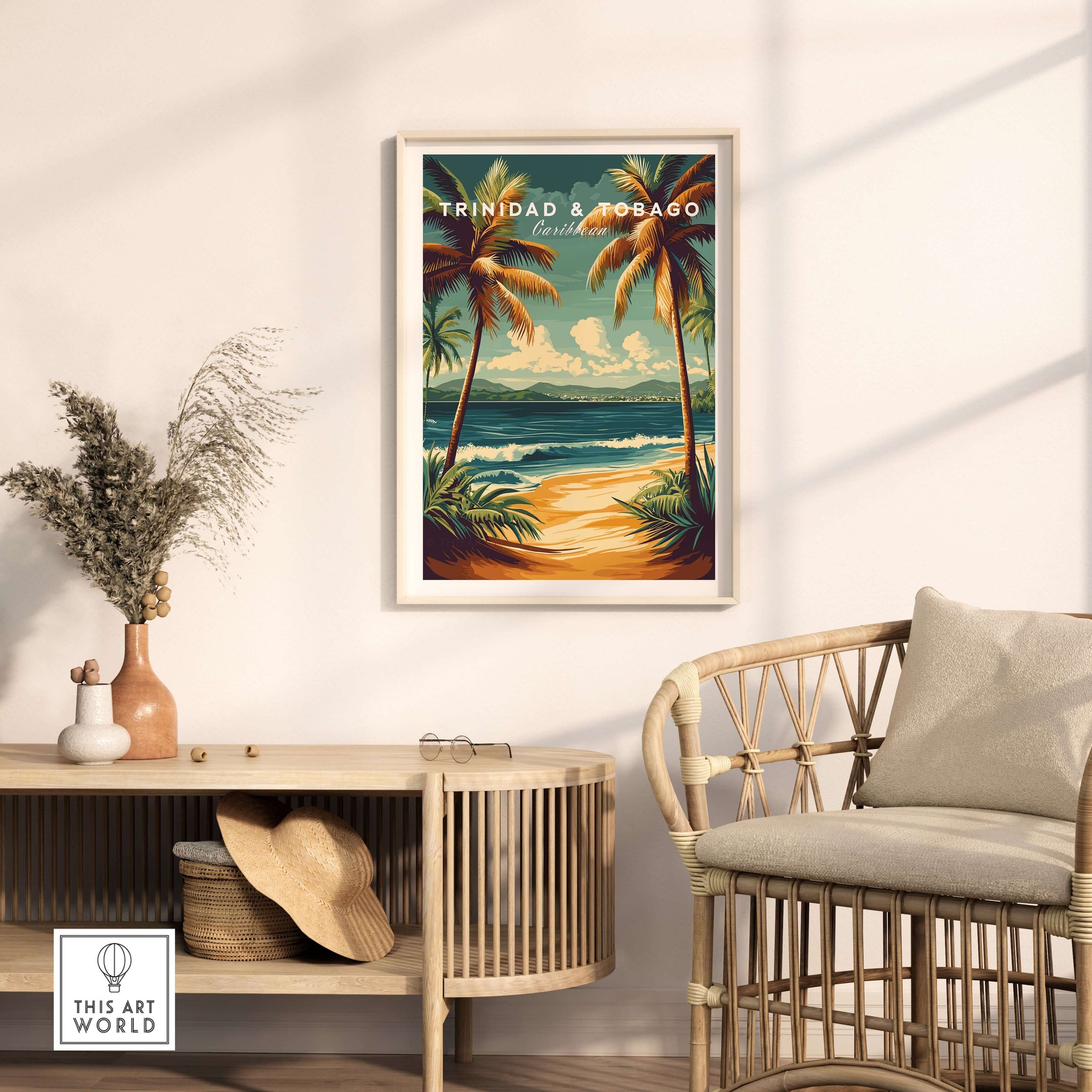 Trinidad & Tobago Print | Caribbean Home Decor displayed in a modern living room with tropical decor.