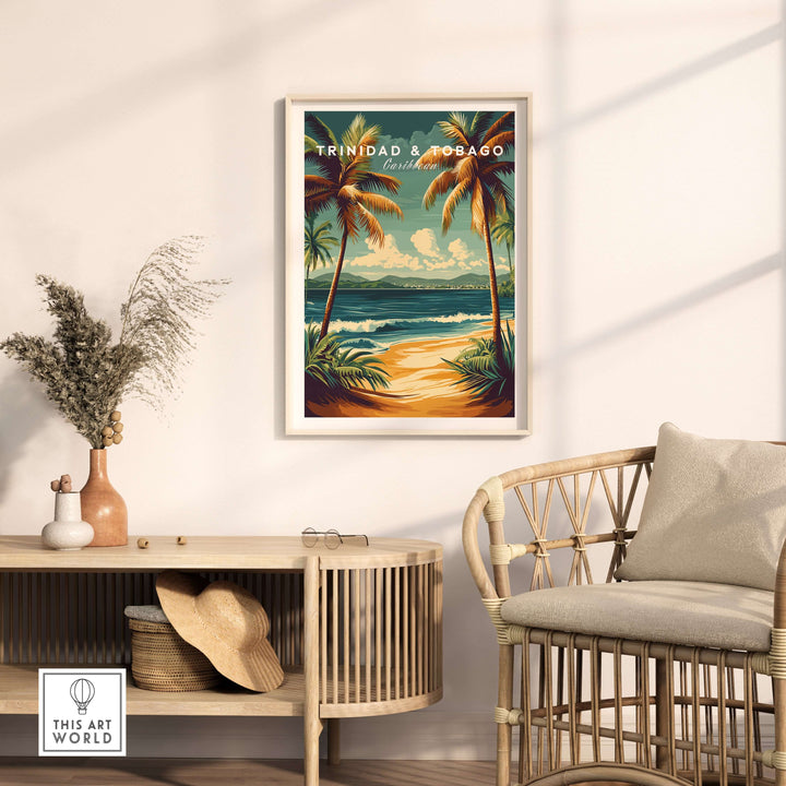 Trinidad & Tobago Print | Caribbean Home Decor showcasing a beach scene with palm trees and serene ocean view.