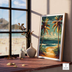 Trinidad & Tobago Print | Caribbean Home Decor displayed in a bright room by the window, featuring tropical beach scenery.