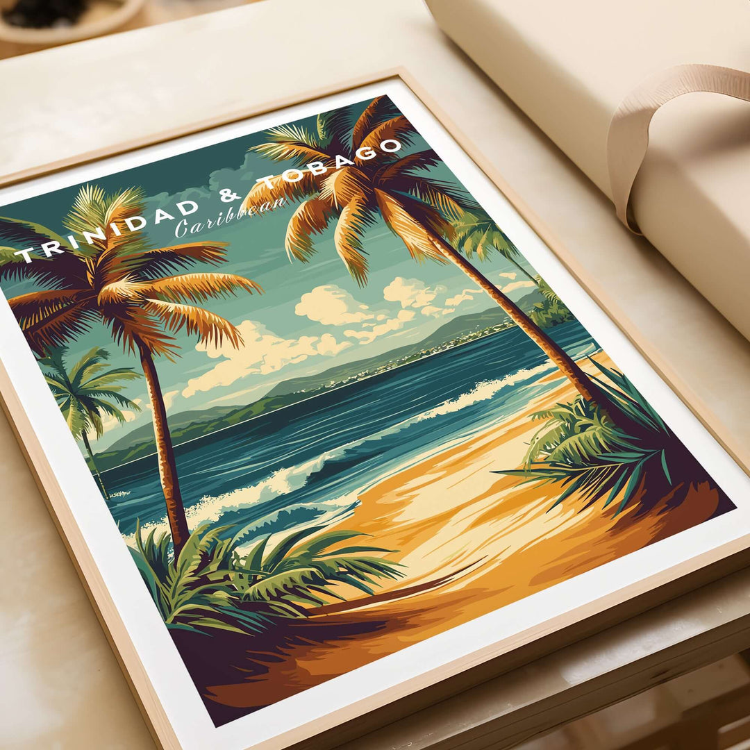 Trinidad & Tobago Print | Caribbean Home Decor showcasing vibrant beach scene with palm trees and ocean waves.