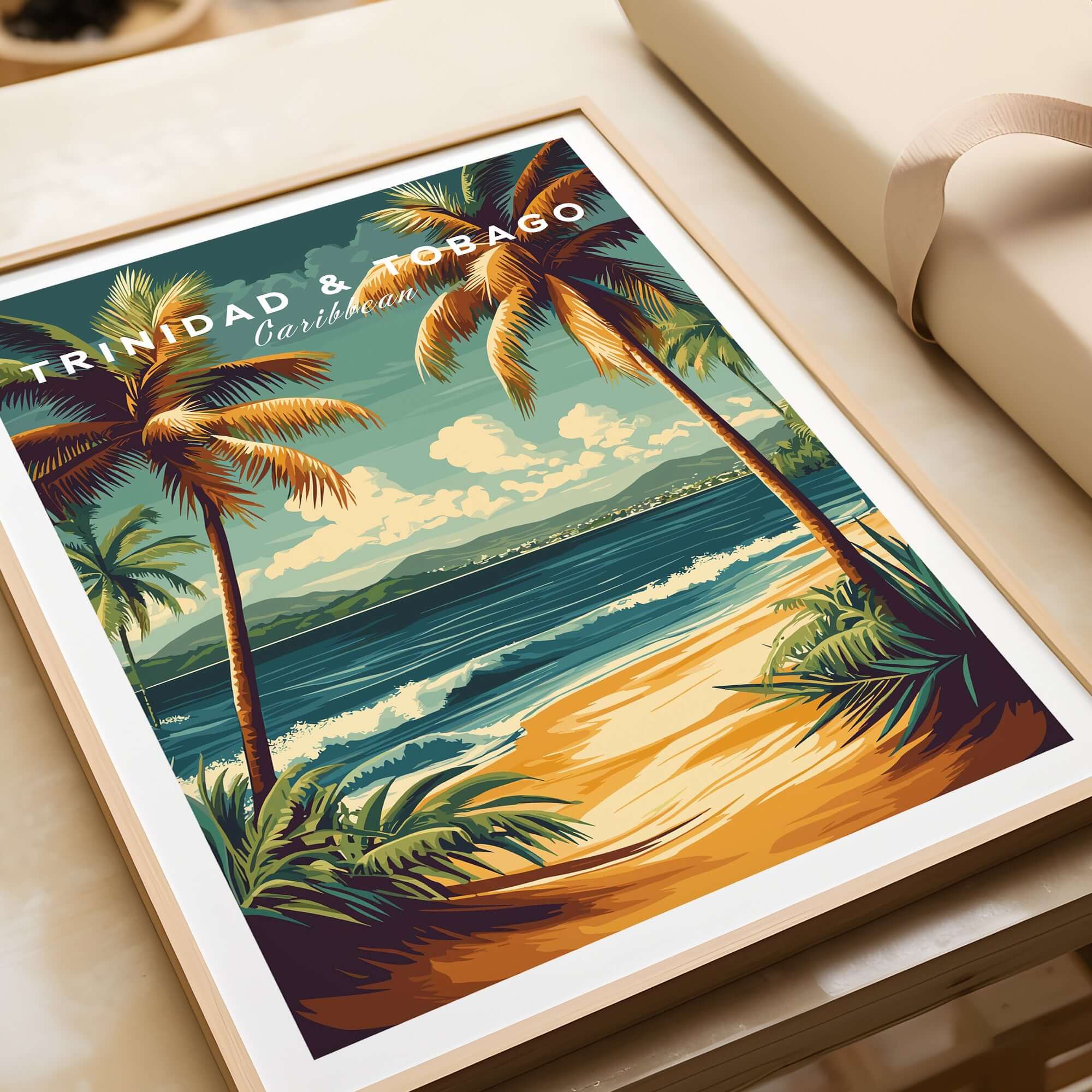 Trinidad & Tobago Print | Caribbean Home Decor featuring palm trees and beach scenery in vibrant colors.