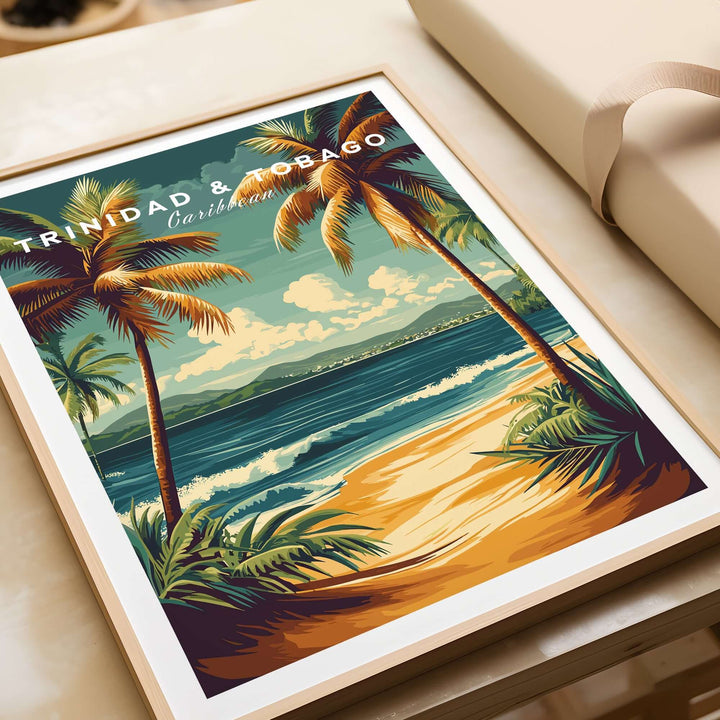 Trinidad & Tobago Print | Caribbean Home Decor showcasing vibrant beach scene with palm trees and ocean waves.