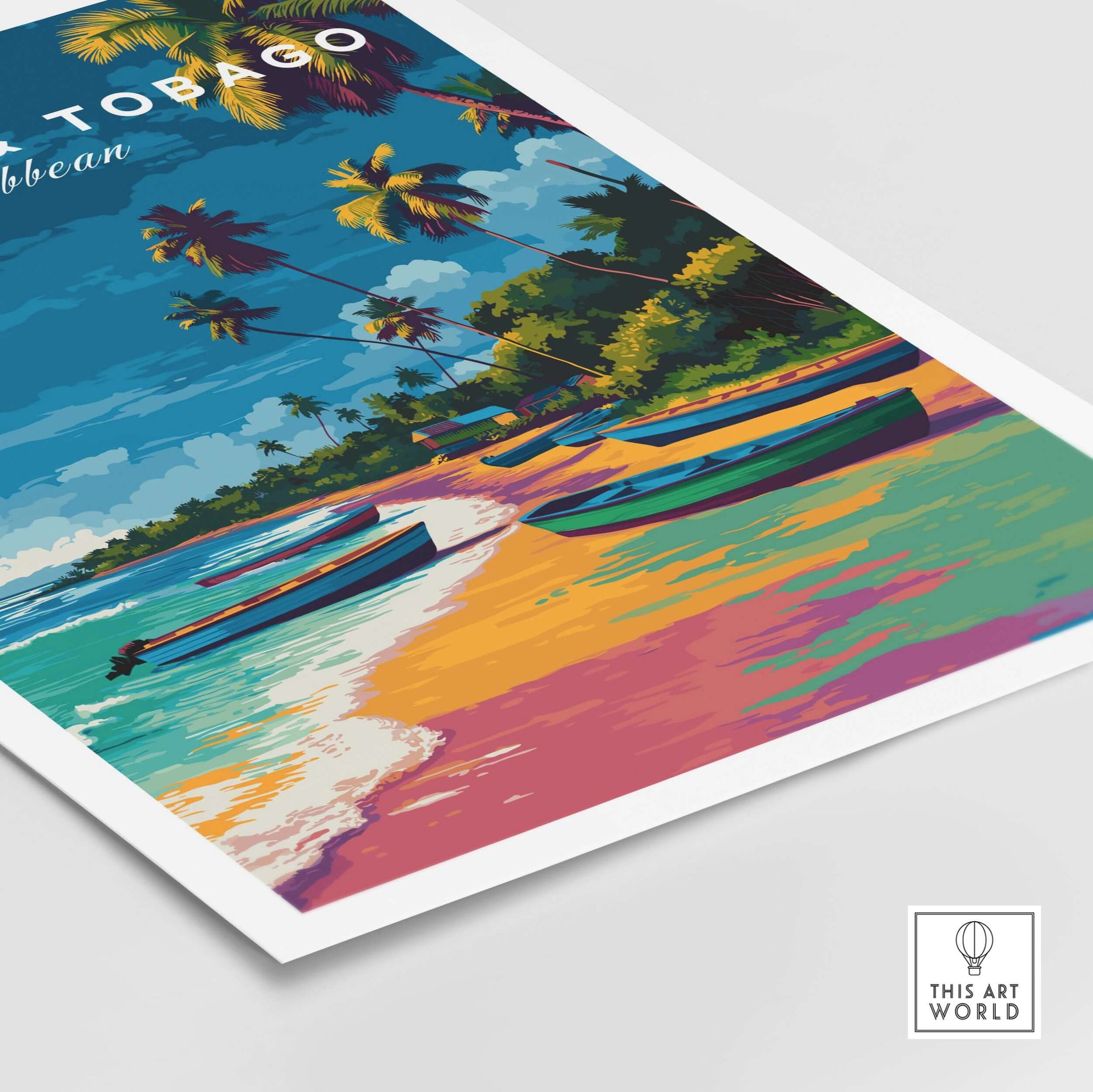 Trinidad and Tobago Print | Island Travel Wall Art featuring vibrant beach scene with palm trees and boats.