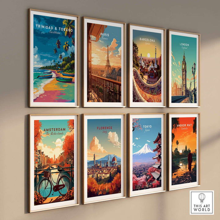 Trinidad and Tobago Print | Island Travel Wall Art displayed among various travel posters on a stylish wall.