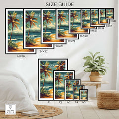 Trinidad & Tobago Print | Caribbean Home Decor size guide showing various frame sizes for wall decor.