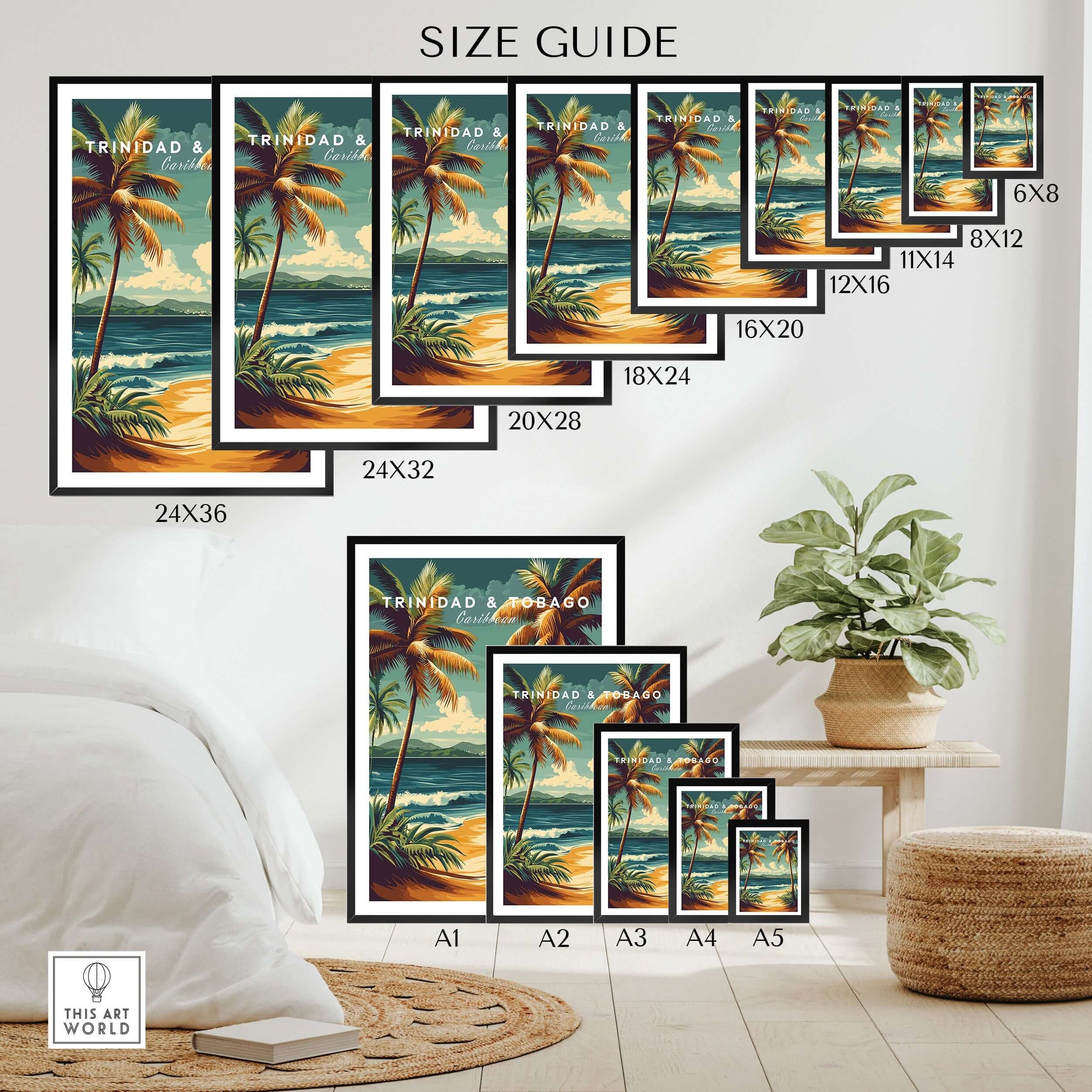 Trinidad & Tobago Print | Caribbean Home Decor size guide showing various frame sizes for wall decor.