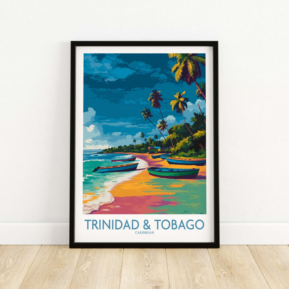 Trinidad & Tobago Print | Tropical Caribbean Poster featuring boats and palm trees on a vibrant beach scene.