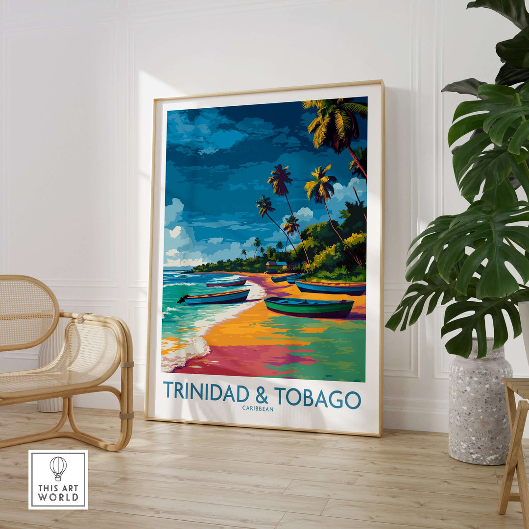 Trinidad & Tobago Print | Tropical Caribbean Poster showcasing vibrant palm trees and beach scenery.
